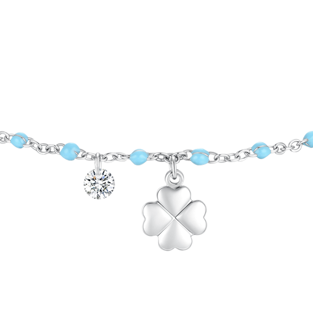 CAVIGLIERA DONNA IN ACCIAIO CON QUADRIFOGLIO,CRISTALLO E PIETRE TURCHESI