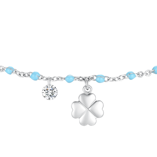 CAVIGLIERA DONNA IN ACCIAIO CON QUADRIFOGLIO,CRISTALLO E PIETRE TURCHESI