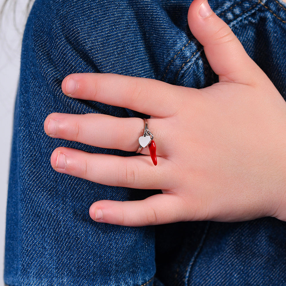 ANELLO BAMBINA IN ACCIAIO CON CORNO E QUADRIFOGLIO VERDE Luca Barra