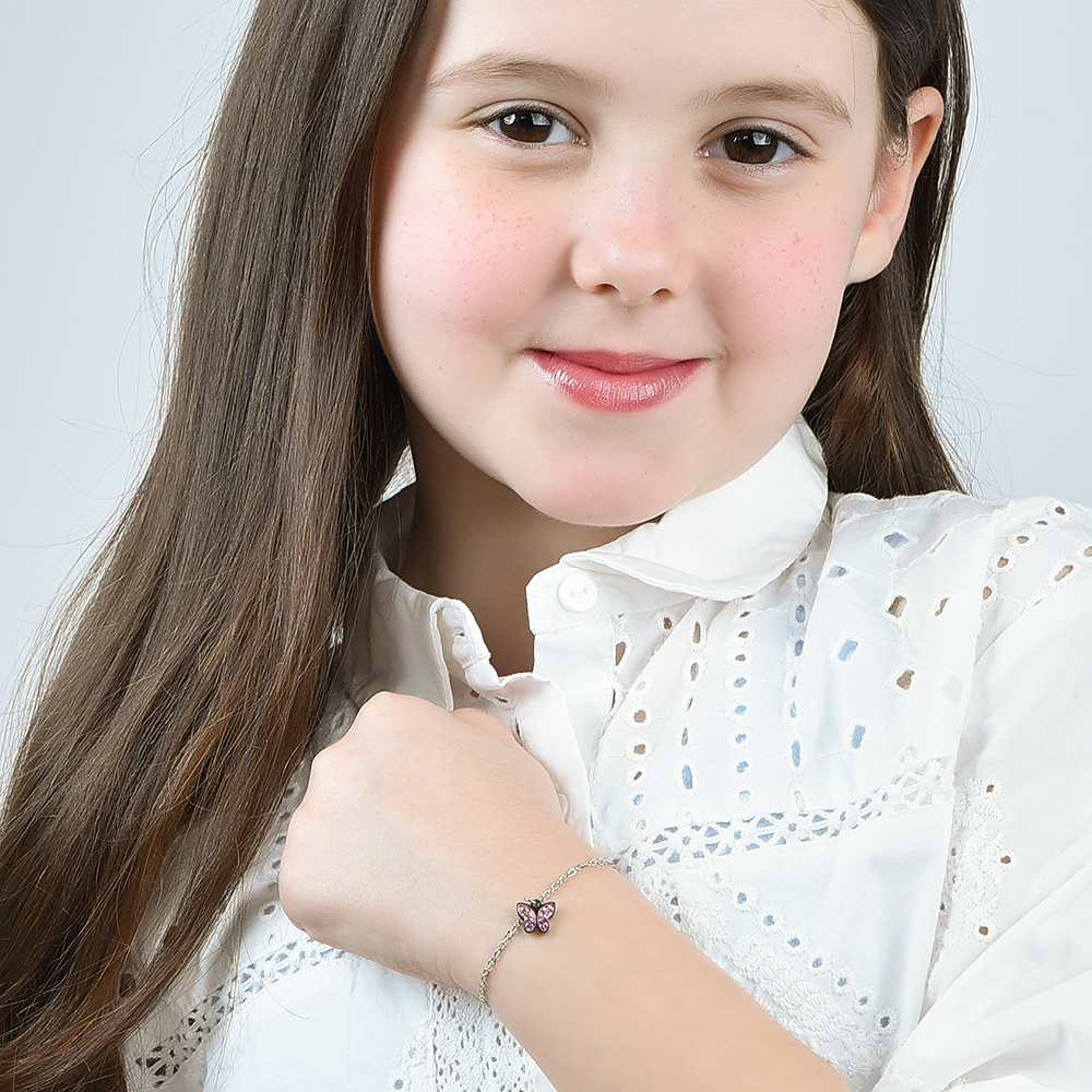 BRACCIALE BAMBINA IN ACCIAIO CON FARFALLA E CRISTALLI ROSA