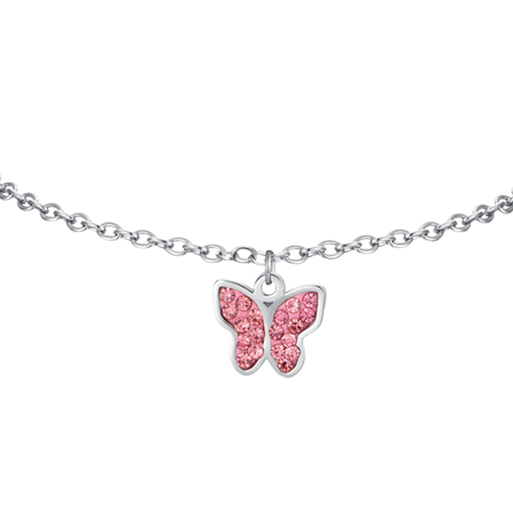 BRACCIALE BAMBINA IN ACCIAIO CON FARFALLA E CRISTALLI ROSA