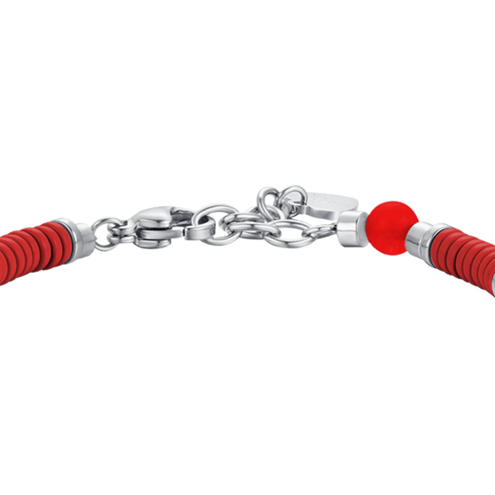 BRACCIALE BAMBINO IN ACCIAIO CON PIETRE ROSSE ED ELEMENTI CON SMALTO ROSSO