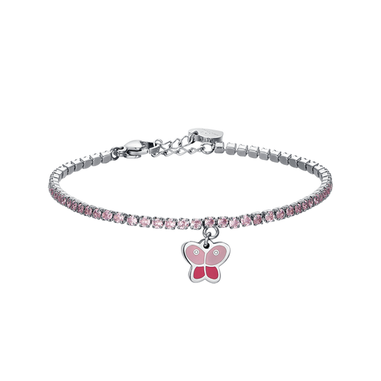 BRACCIALE TENNIS BAMBINA IN ACCIAIO CON CRISTALLI ROSA E FARFALLA