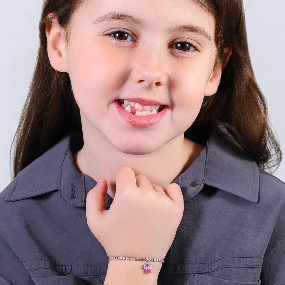 BRACCIALE TENNIS BAMBINA IN ACCIAIO CON CRISTALLI ROSA E FARFALLA