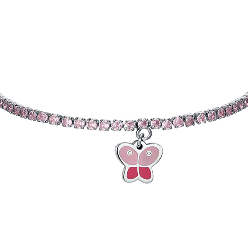 BRACCIALE TENNIS BAMBINA IN ACCIAIO CON CRISTALLI ROSA E FARFALLA