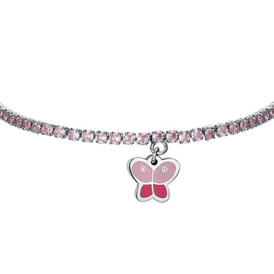 BRACCIALE TENNIS BAMBINA IN ACCIAIO CON CRISTALLI ROSA E FARFALLA