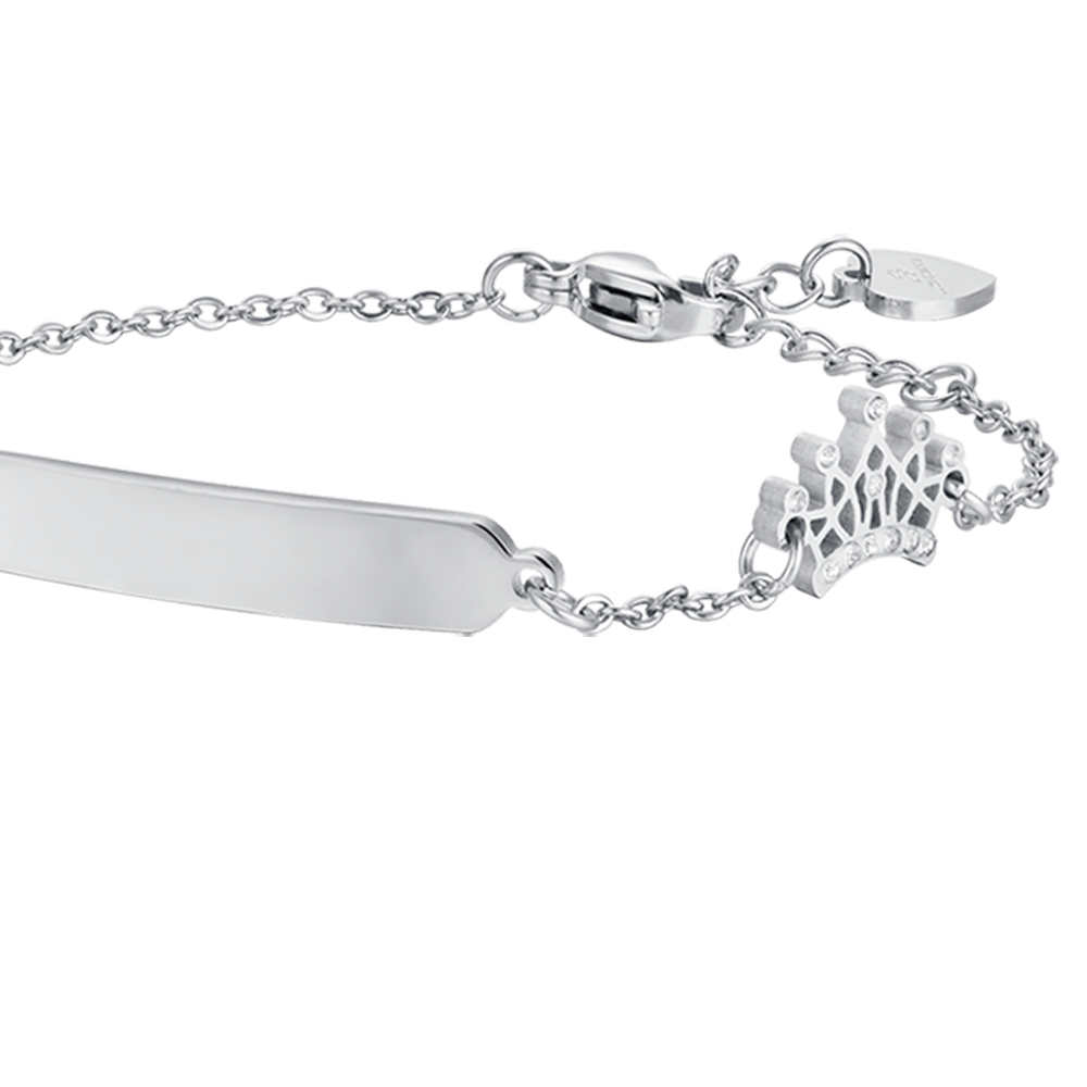 BRACCIALE BAMBINA IN ACCIAIO CON PIASTRA E CORONA CON CRISTALLI BIANCHI