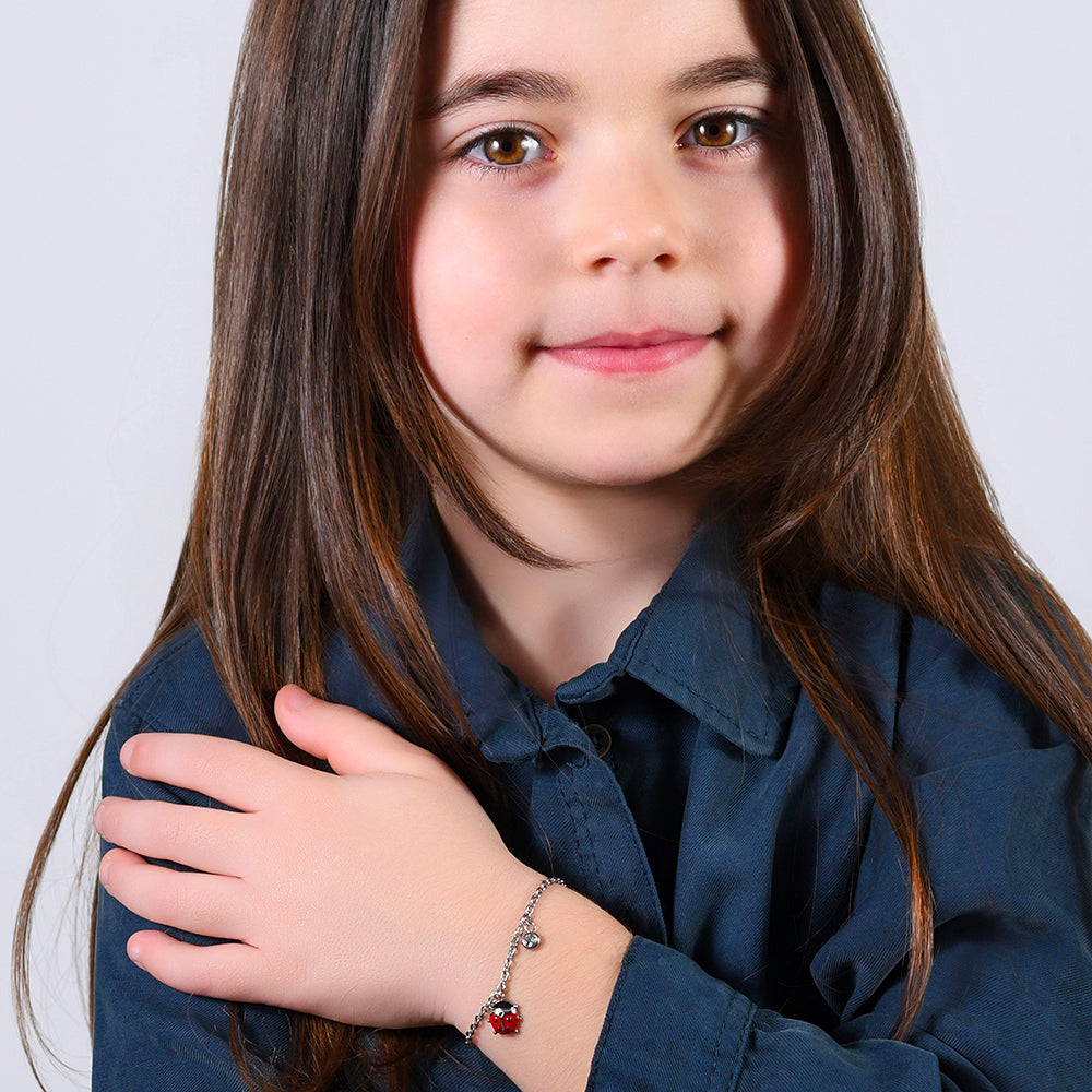 BRACCIALE BAMBINA IN ACCIAIO CON COCCINELLA CON SMALTO ROSSO E NERO E CRISTALLO