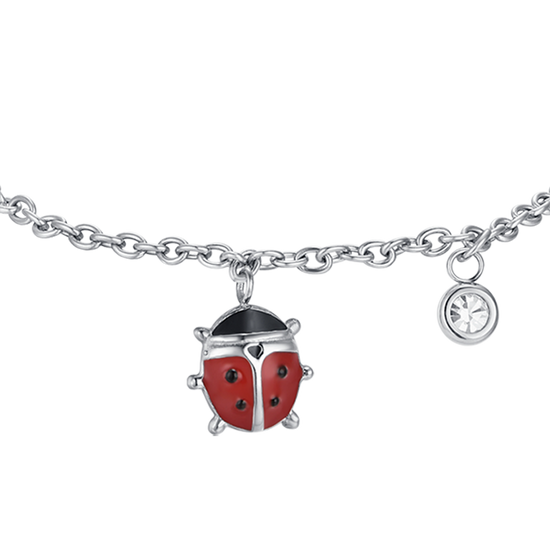 BRACCIALE BAMBINA IN ACCIAIO CON COCCINELLA CON SMALTO ROSSO E NERO E CRISTALLO