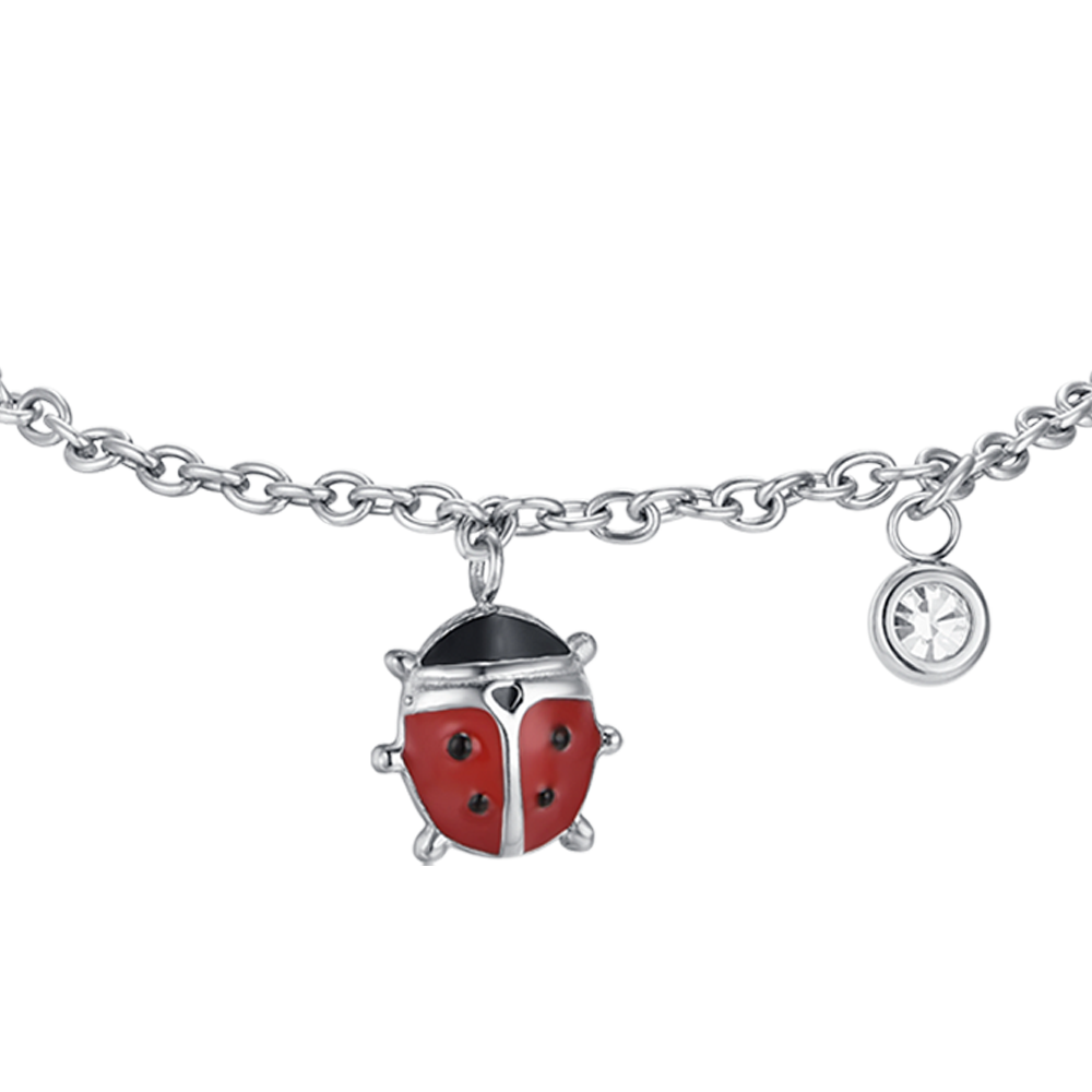 BRACCIALE BAMBINA IN ACCIAIO CON COCCINELLA CON SMALTO ROSSO E NERO E CRISTALLO