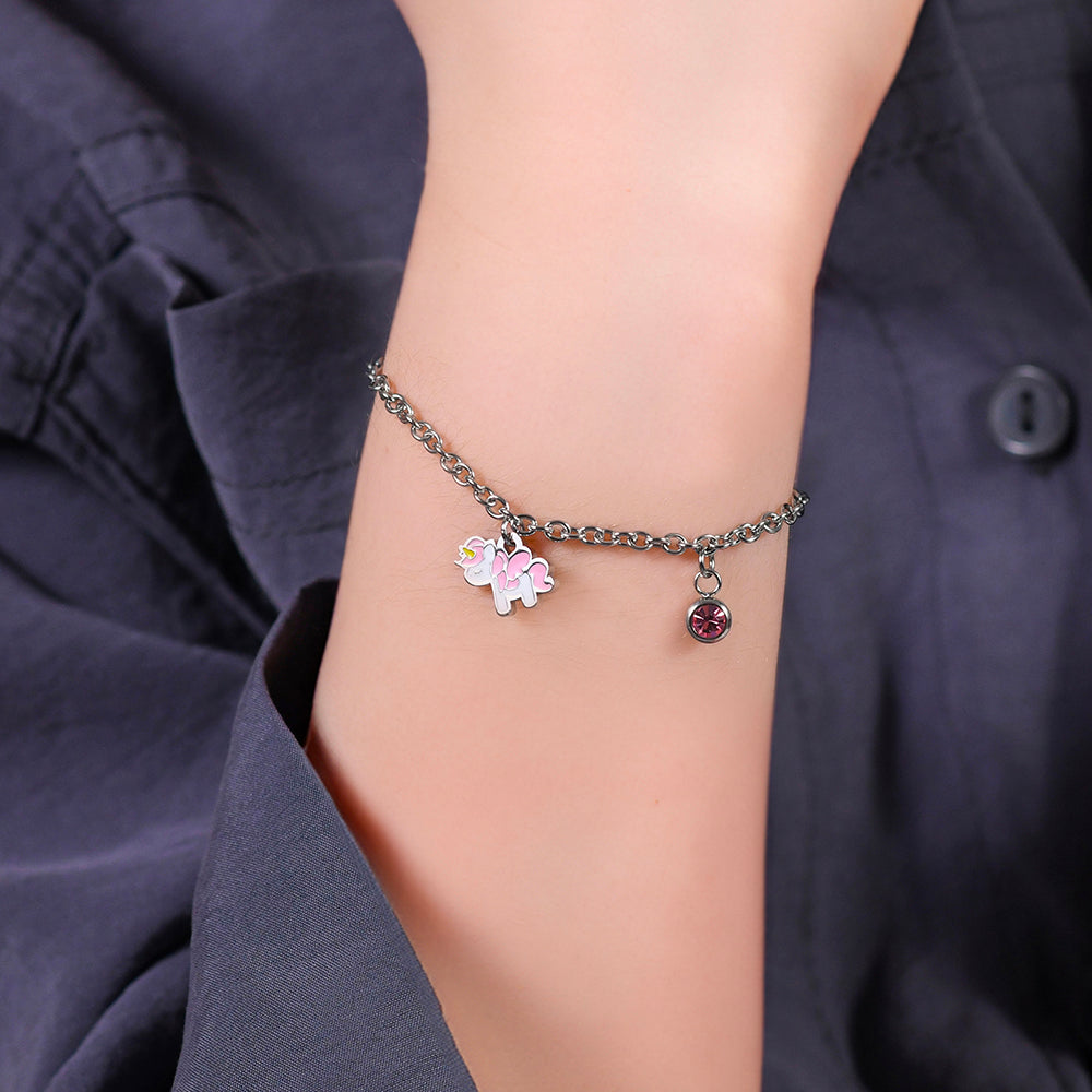 BRACCIALE BAMBINA IN ACCIAIO CON UNICORNO CON SMALTO ROSA E BIANCO E CRISTALLO Luca Barra