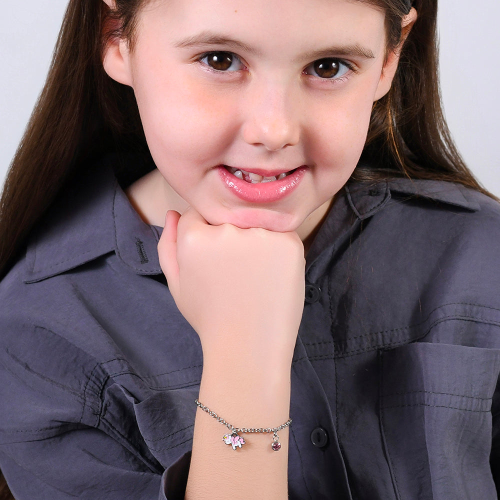 BRACCIALE BAMBINA IN ACCIAIO CON UNICORNO CON SMALTO ROSA E BIANCO E CRISTALLO