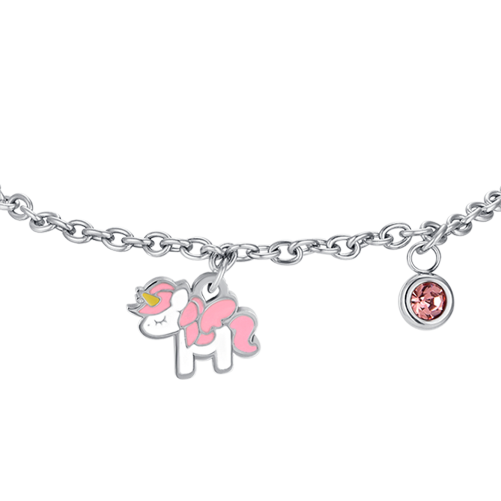 BRACCIALE BAMBINA IN ACCIAIO CON UNICORNO CON SMALTO ROSA E BIANCO E CRISTALLO