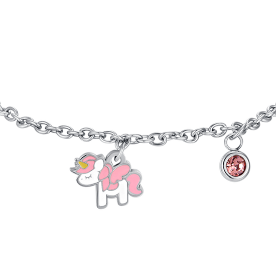 BRACCIALE BAMBINA IN ACCIAIO CON UNICORNO CON SMALTO ROSA E BIANCO E CRISTALLO