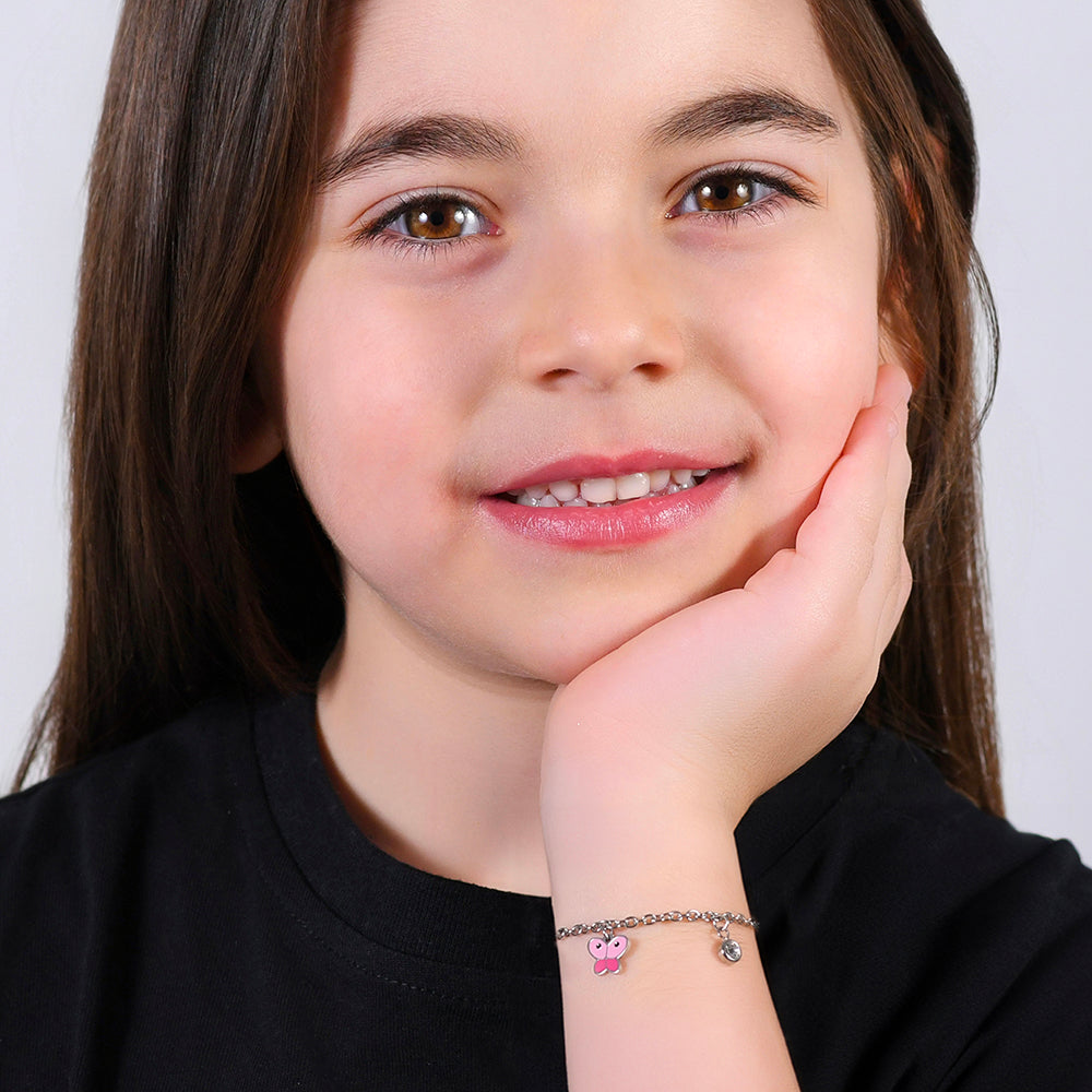 BRACCIALE BAMBINA IN ACCIAIO CON FARFALLA CON SMALTO ROSA E CRISTALLO BIANCO