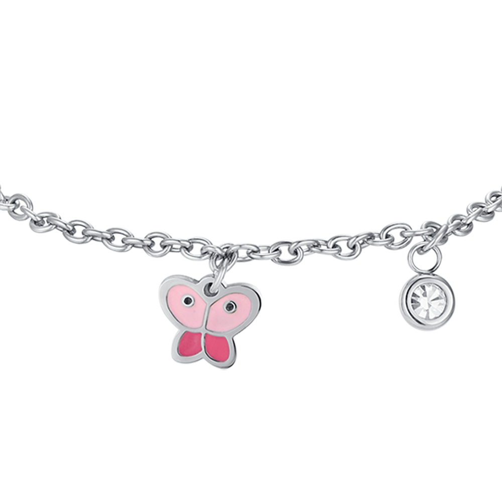 BRACCIALE BAMBINA IN ACCIAIO CON FARFALLA CON SMALTO ROSA E CRISTALLO BIANCO