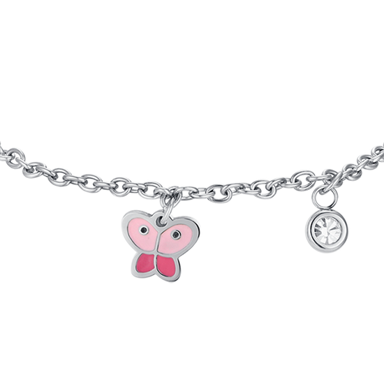 BRACCIALE BAMBINA IN ACCIAIO CON FARFALLA CON SMALTO ROSA E CRISTALLO BIANCO