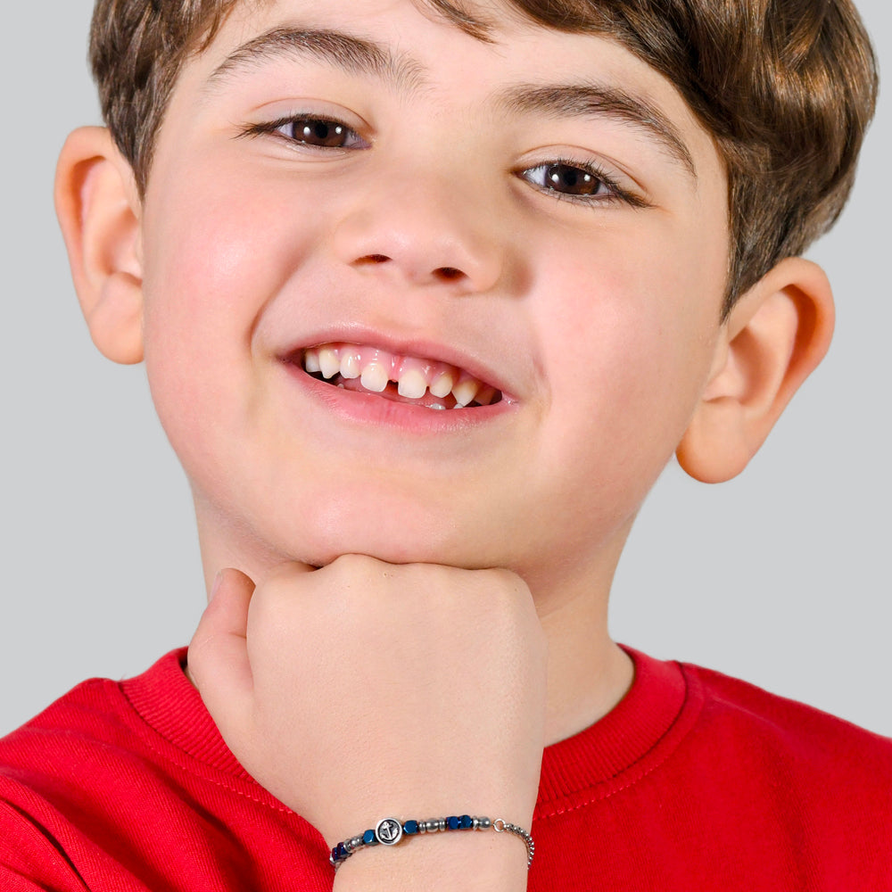 BRACCIALE BAMBINO IN ACCIAIO CON EMATITE BLU ED ANCORA