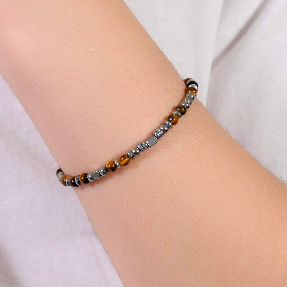 Murtoo Bracciale Uomo In Acciaio Inox Con Pietre Naturali Occhio Di Tigre E Lavica - Regolabile - Portafortuna Con 7 Chakra