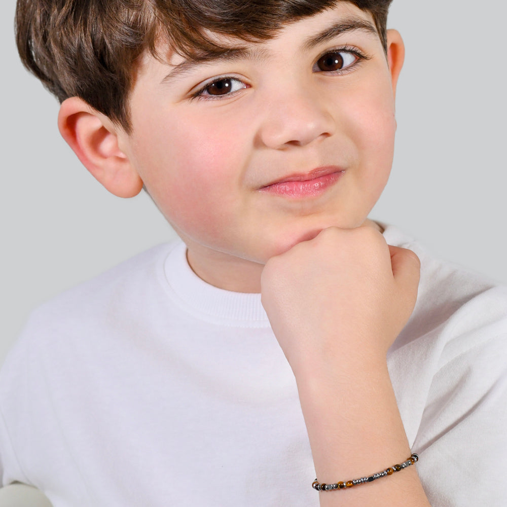 BRACCIALE BAMBINO IN ACCIAIO CON PIETRE OCCHIO DI TIGRE E GRIGIE