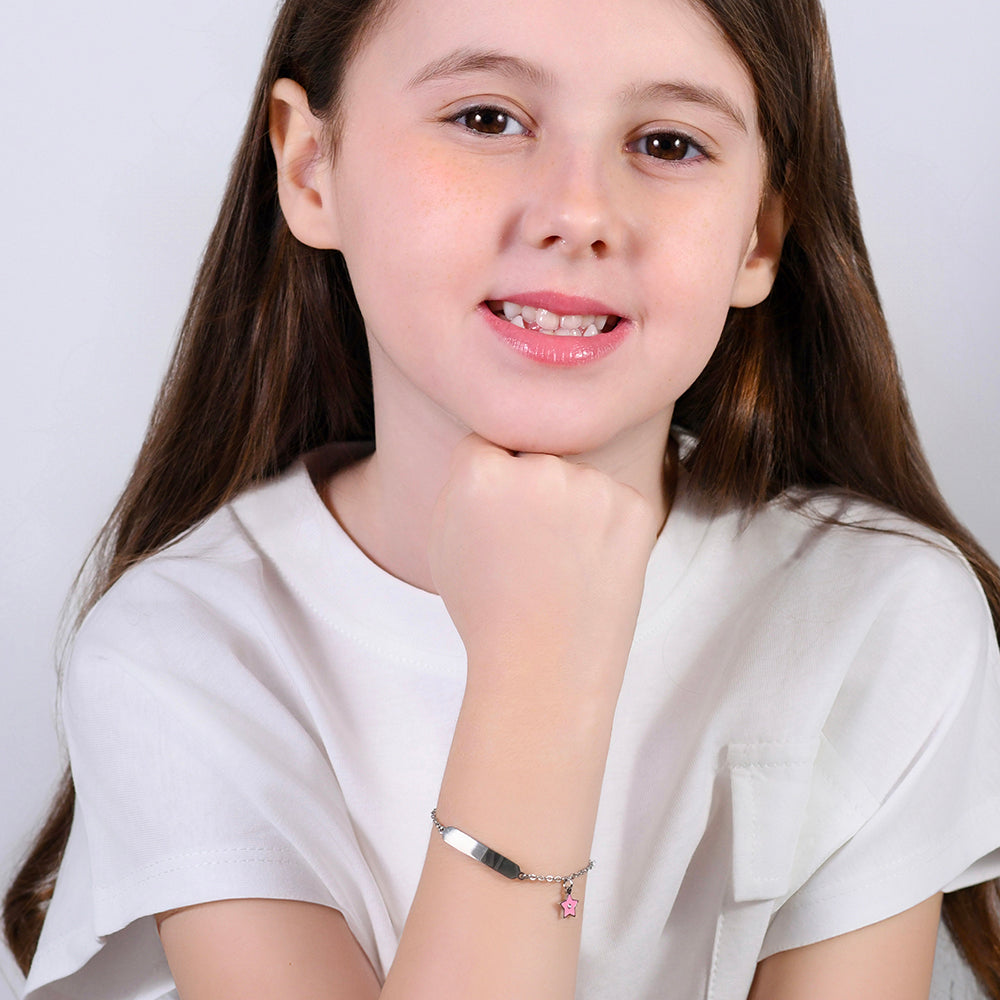 BRACCIALE BAMBINA IN ACCIAIO SMALTO ROSA E PIASTRA