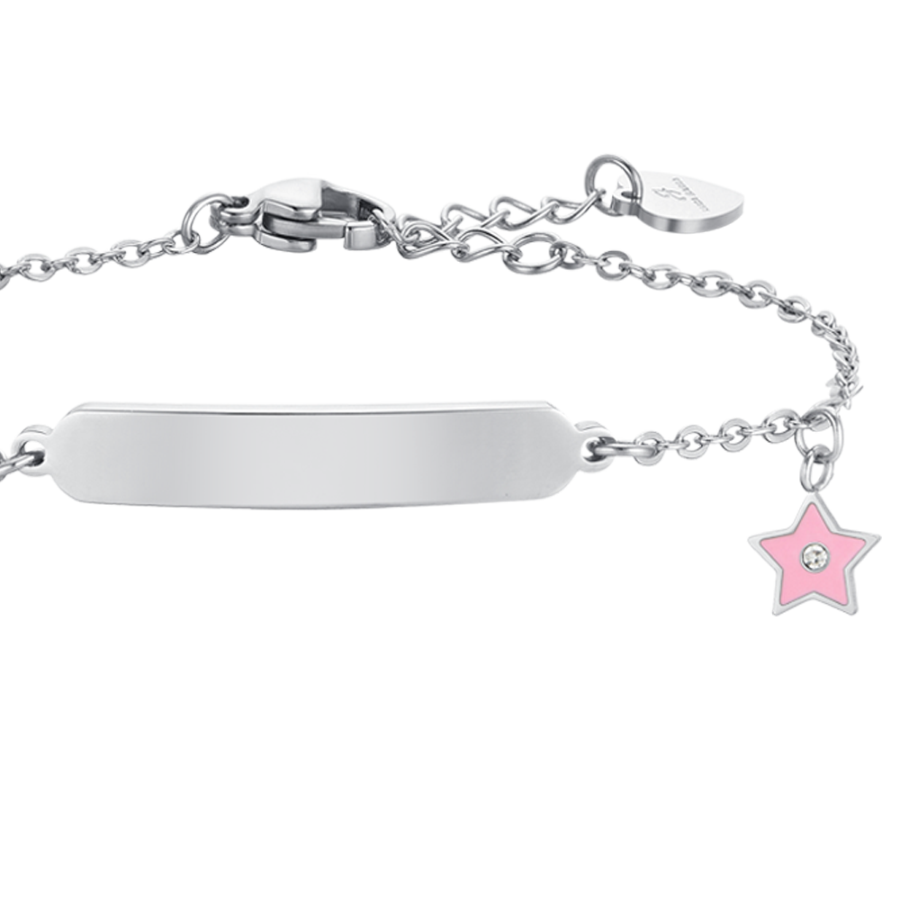 BRACCIALE BAMBINA IN ACCIAIO SMALTO ROSA E PIASTRA