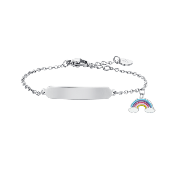 BRACCIALE BAMBINA IN ACCIAIO CON ARCOBALENO E PIASTRA