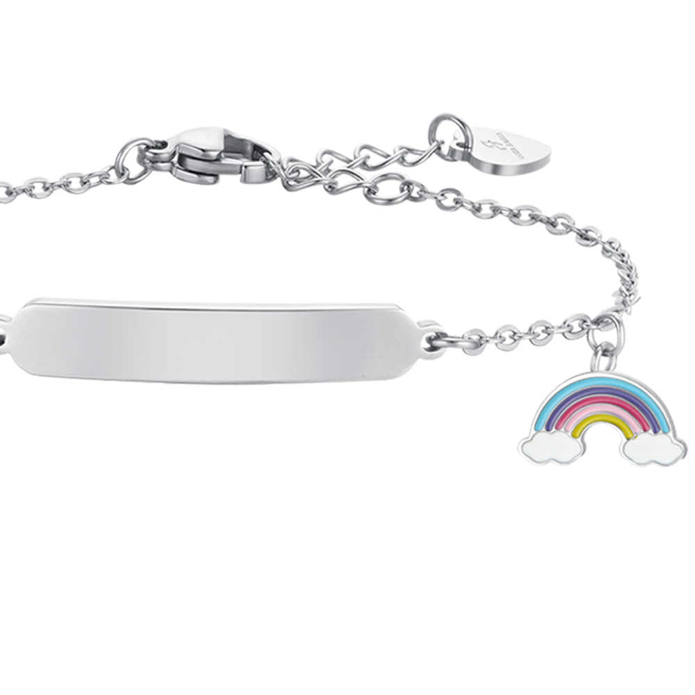 BRACCIALE BAMBINA IN ACCIAIO CON ARCOBALENO E PIASTRA