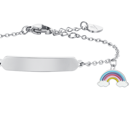 BRACCIALE BAMBINA IN ACCIAIO CON ARCOBALENO E PIASTRA