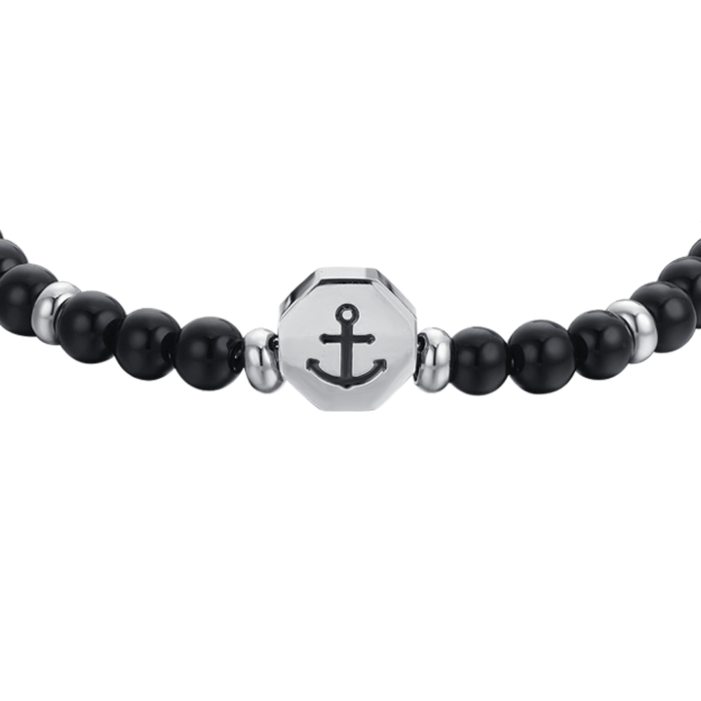 BRACCIALE BAMBINO IN ACCIAIO ANCORA CON PIETRE NERE