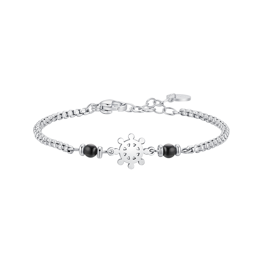 BRACCIALE BAMBINO IN ACCIAIO CON TIMONE E PIETRE AGATA NERA