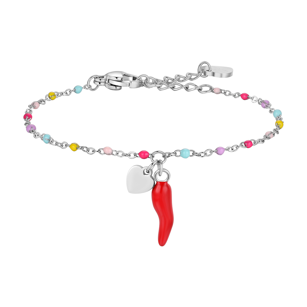 BRACCIALE BAMBINA IN ACCIAIO CON CORNO ROSSO, CUORE ED ELEMENTI MULTICOLOR
