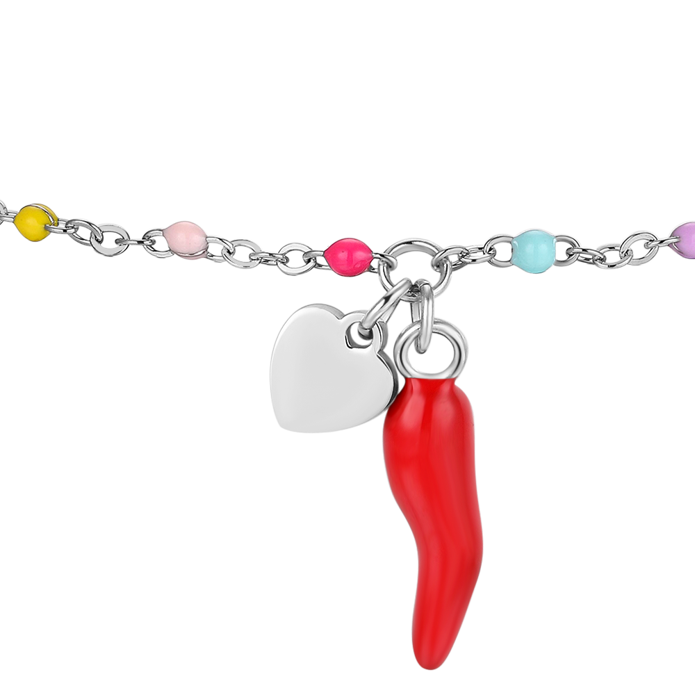 BRACCIALE BAMBINA IN ACCIAIO CON CORNO ROSSO, CUORE ED ELEMENTI MULTICOLOR