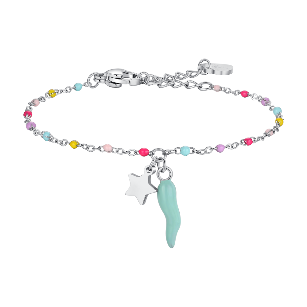 BRACCIALE BAMBINA IN ACCIAIO CON CORNO TURCHESE, STELLA ED ELEMENTI MULTICOLOR
