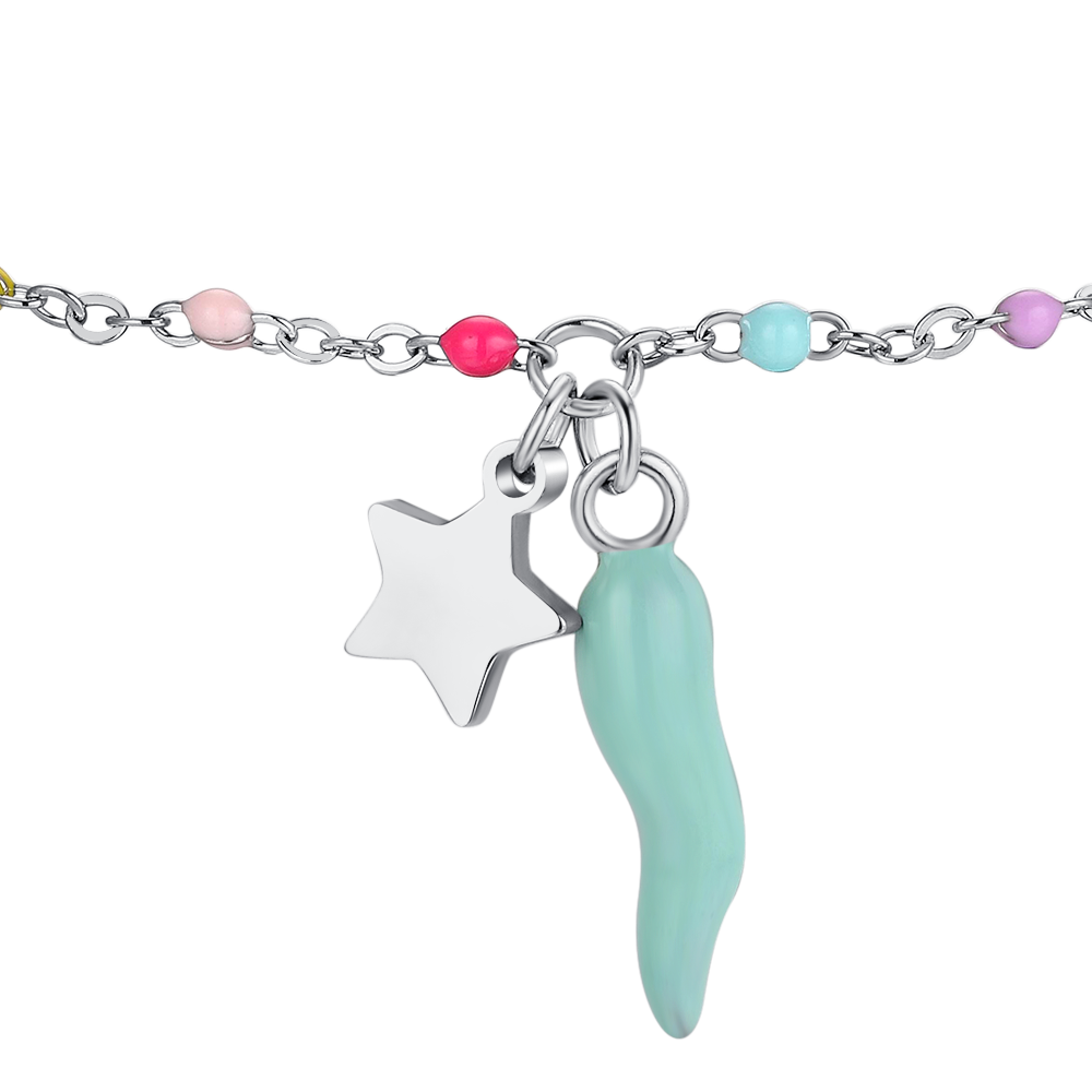BRACCIALE BAMBINA IN ACCIAIO CON CORNO TURCHESE, STELLA ED ELEMENTI MULTICOLOR