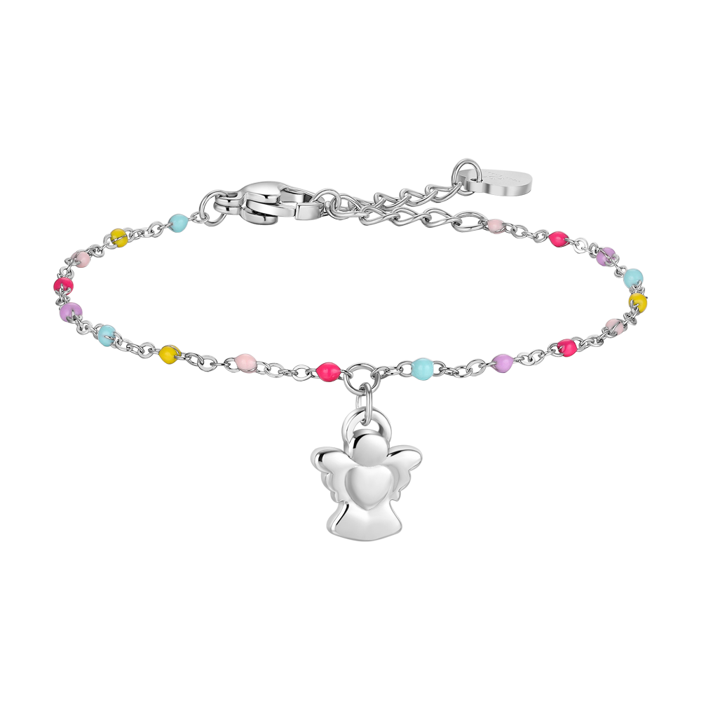 BRACCIALE BAMBINA IN ACCIAIO CON ANGELO ED ELEMENTI MULTICOLOR