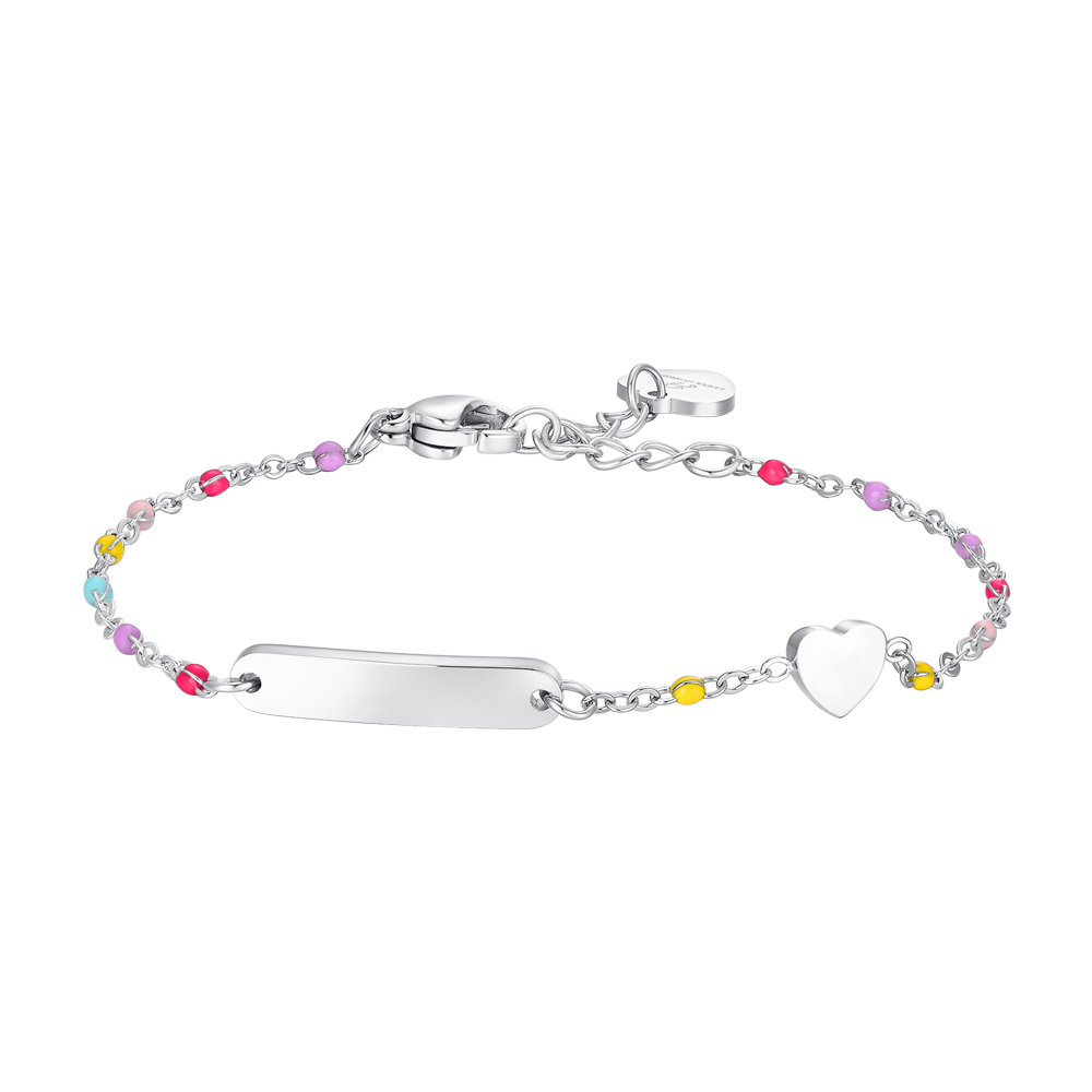 BRACCIALE BAMBINA IN ACCIAIO CON PIASTRA, CUORE ED ELEMENTI MULTICOLOR
