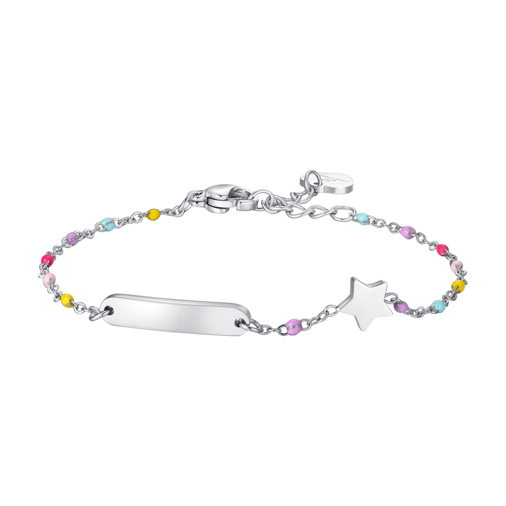 BRACCIALE BAMBINA IN ACCIAIO CON PIASTRA, STELLA ED ELEMENTI MULTICOLOR