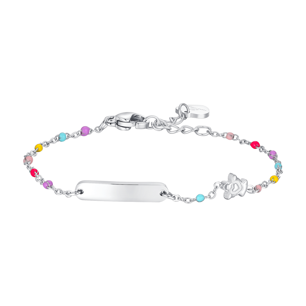 BRACCIALE BAMBINA IN ACCIAIO CON PIASTRA, ANGELO ED ELEMENTI MULTICOLOR