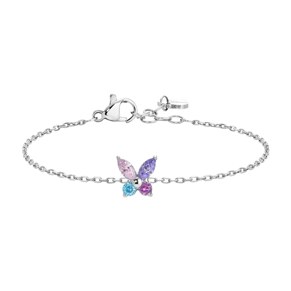BRACCIALE BAMBINA IN ACCIAIO CON FARFALLA CON ZIRCONI MULTICOLOR