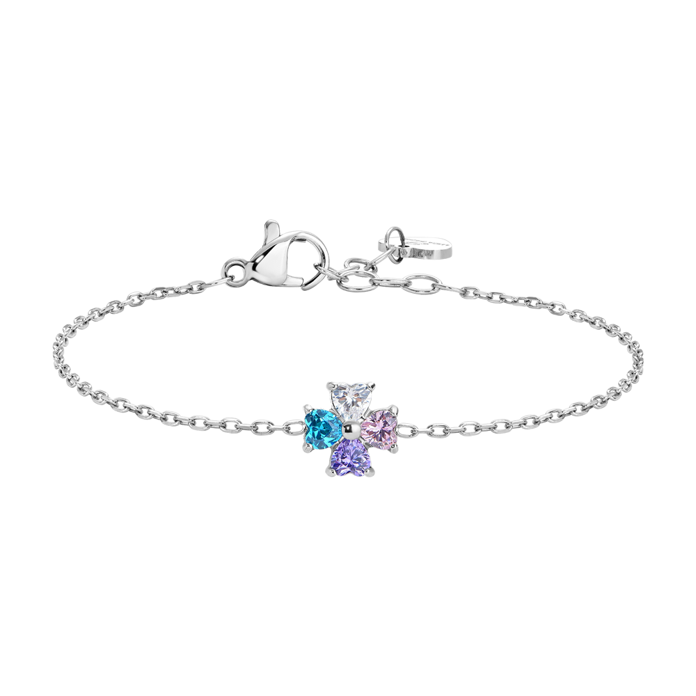 BRACCIALE BAMBINA IN ACCIAIO CON QUADRIFOGLIO CON ZIRCONI MULTICOLOR