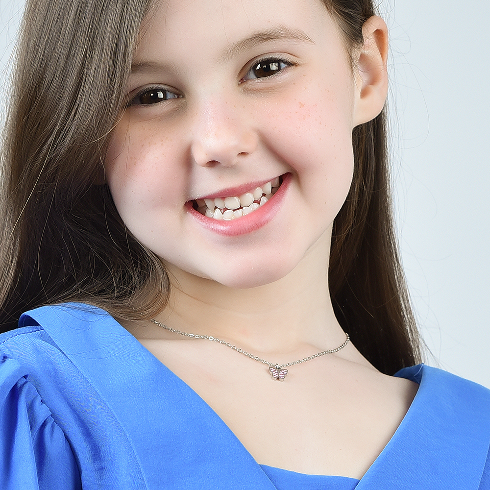 COLLANA BAMBINA IN ACCIAIO CON FARFALLA E CRISTALLI ROSA