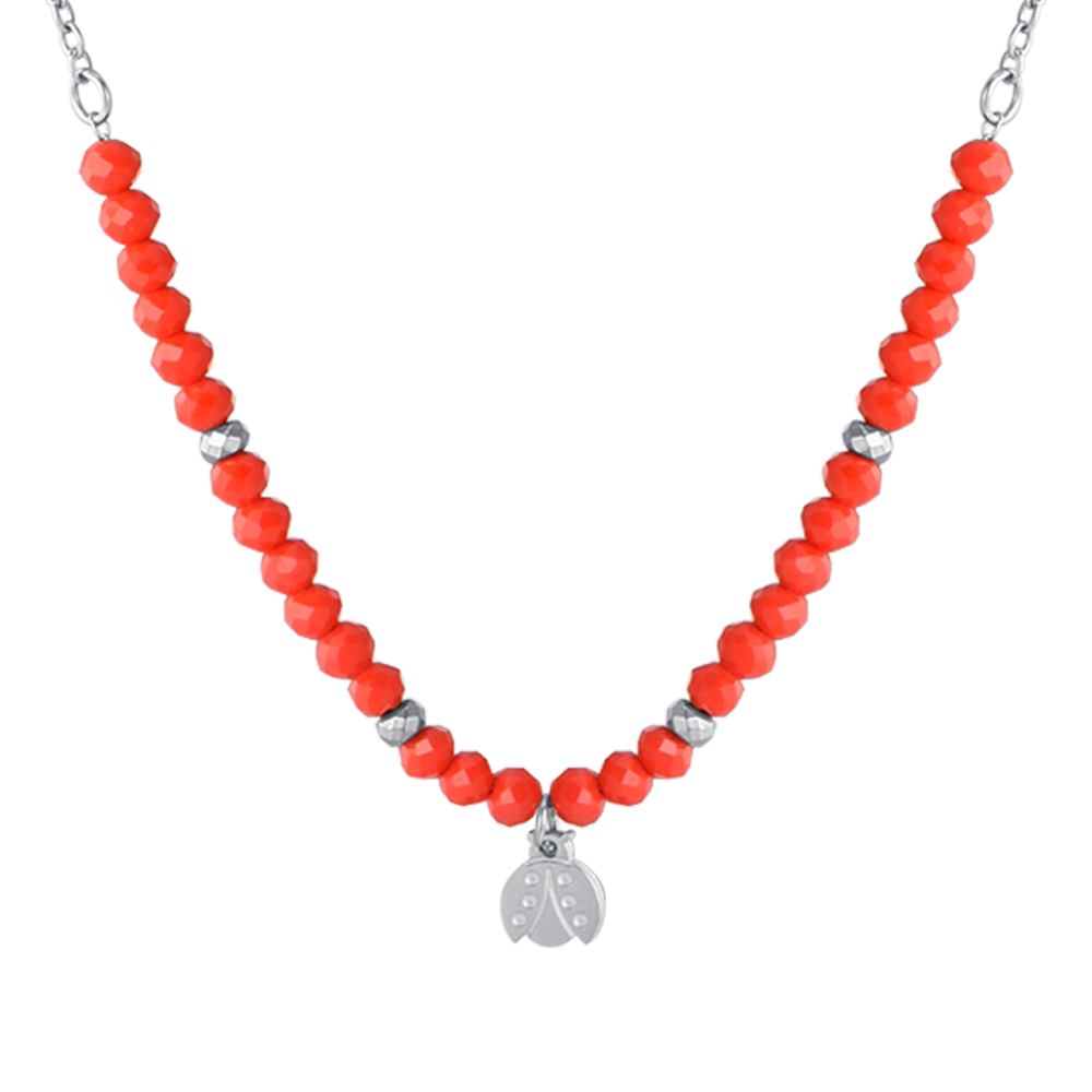 COLLANA BAMBINA IN ACCIAIO CON PIETRE ROSSE E COCCINELLA