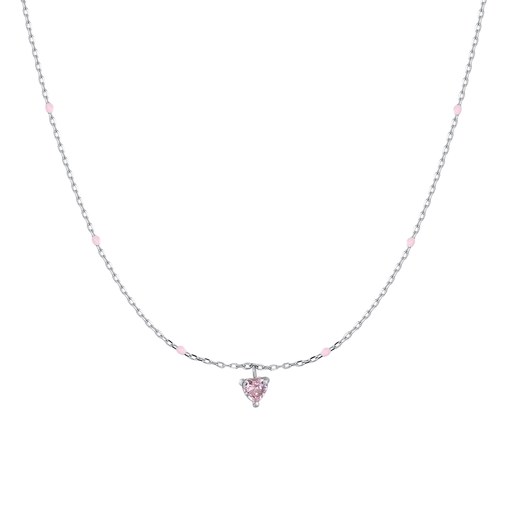COLLANA BAMBINA IN ACCIAIO CON CUORE ZIRCONE ROSA E PIETRE ROSA