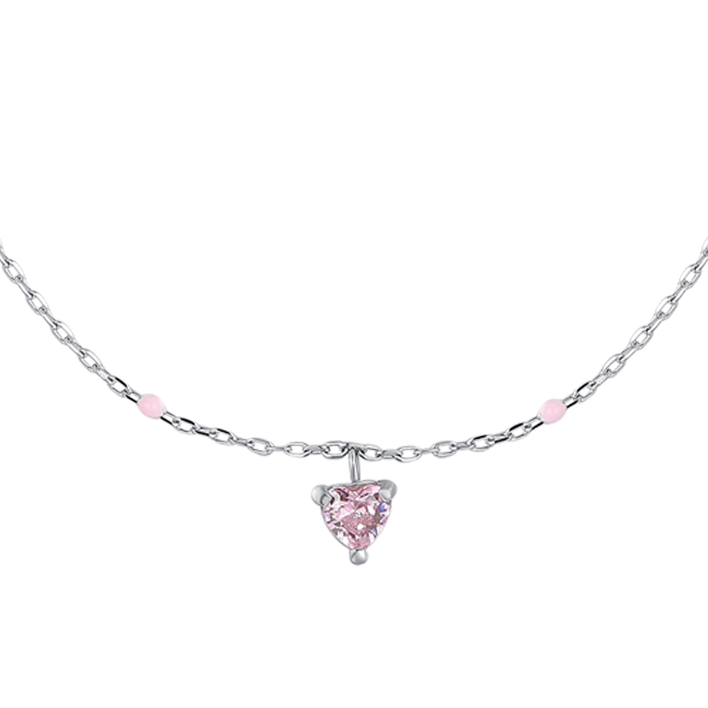 COLLANA BAMBINA IN ACCIAIO CON CUORE ZIRCONE ROSA E PIETRE ROSA