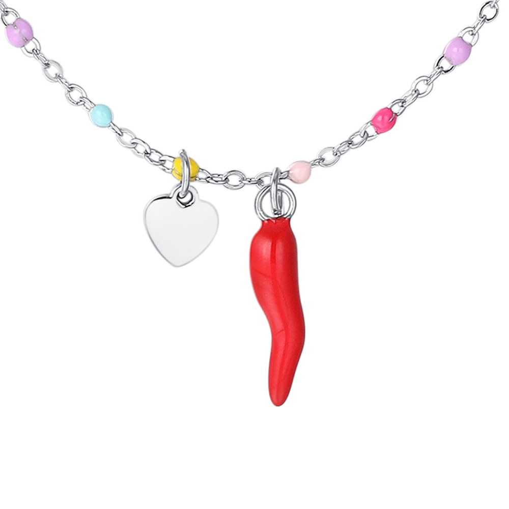 COLLANA BAMBINA IN ACCIAIO CON CORNO ROSSO, CUORE SILVER ED ELEMENTI MULTICOLOR
