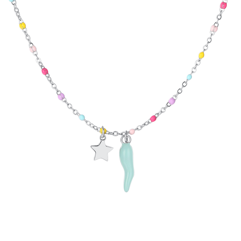 COLLANA BAMBINA IN ACCIAIO CON CORNO TURCHESE,STELLA ED ELEMENTI MULTICOLOR