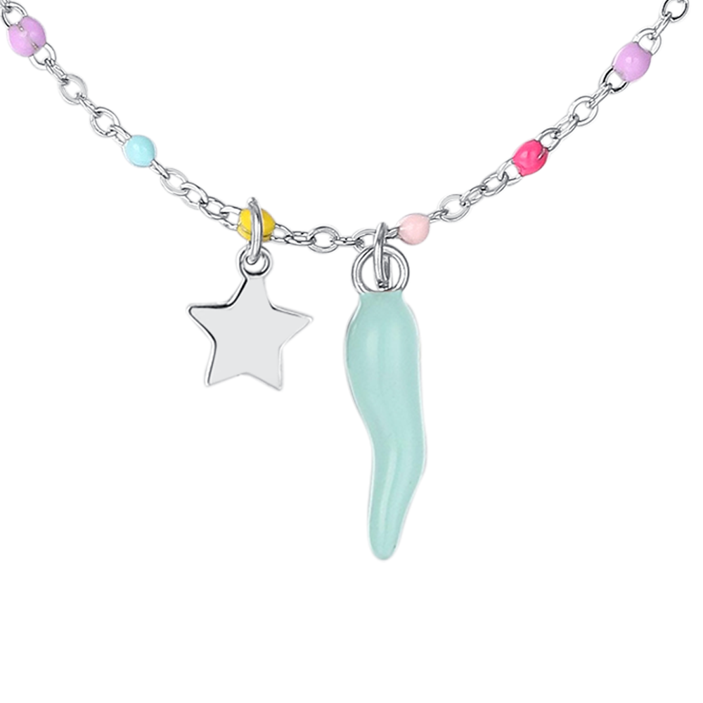 COLLANA BAMBINA IN ACCIAIO CON CORNO TURCHESE,STELLA ED ELEMENTI MULTICOLOR