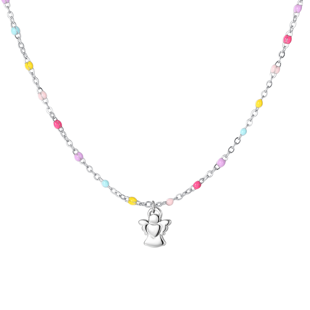 COLLANA BAMBINA IN ACCIAIO CON ANGELO ED ELEMENTI MULTICOLOR
