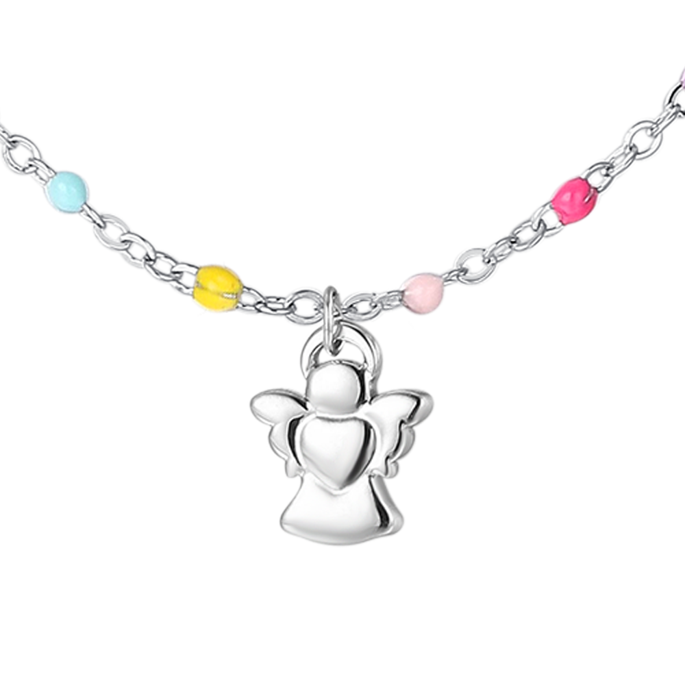 COLLANA BAMBINA IN ACCIAIO CON ANGELO ED ELEMENTI MULTICOLOR